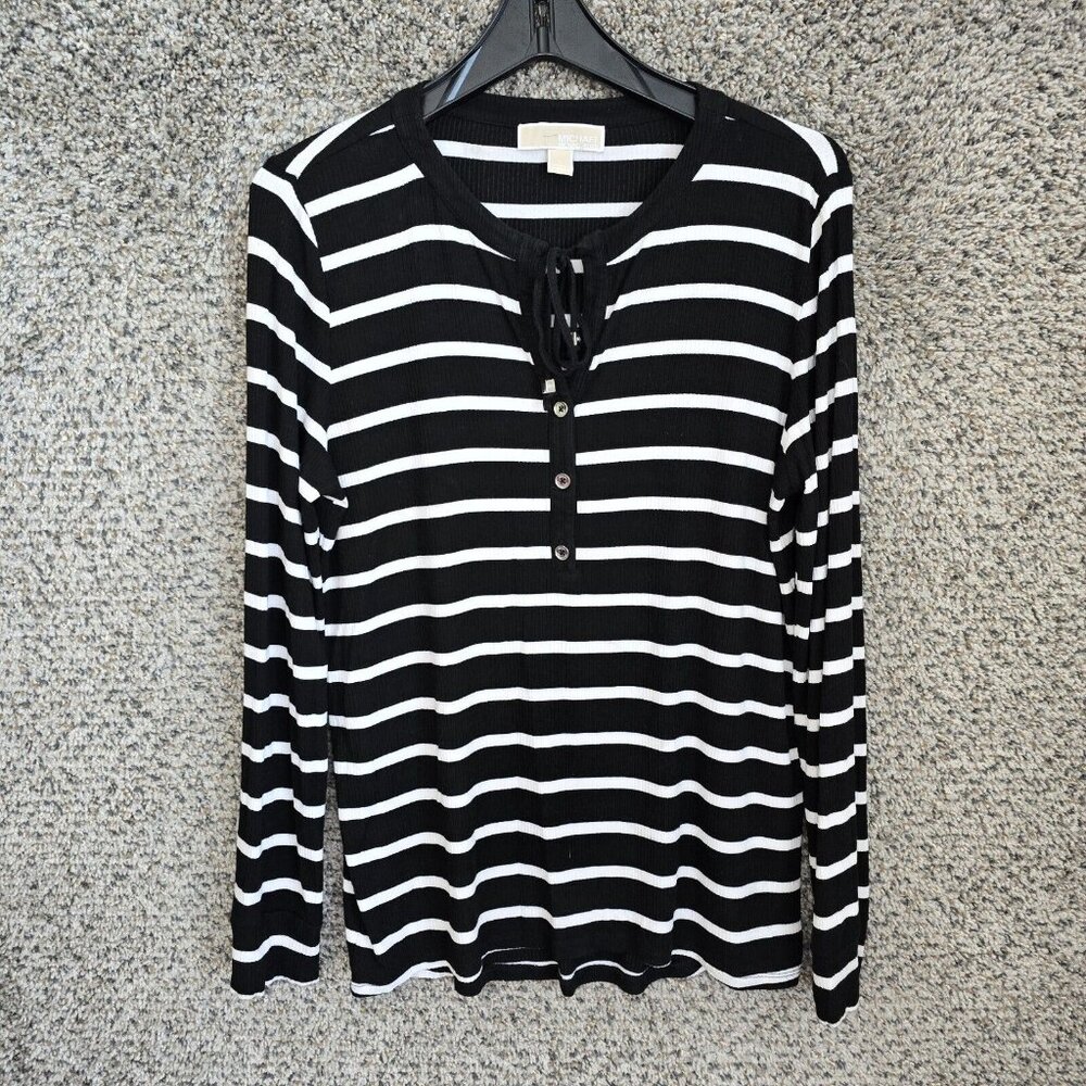 Michael Kors Top Womens Large Black Striped Ribbed Knit Neck Tie Tee Casual